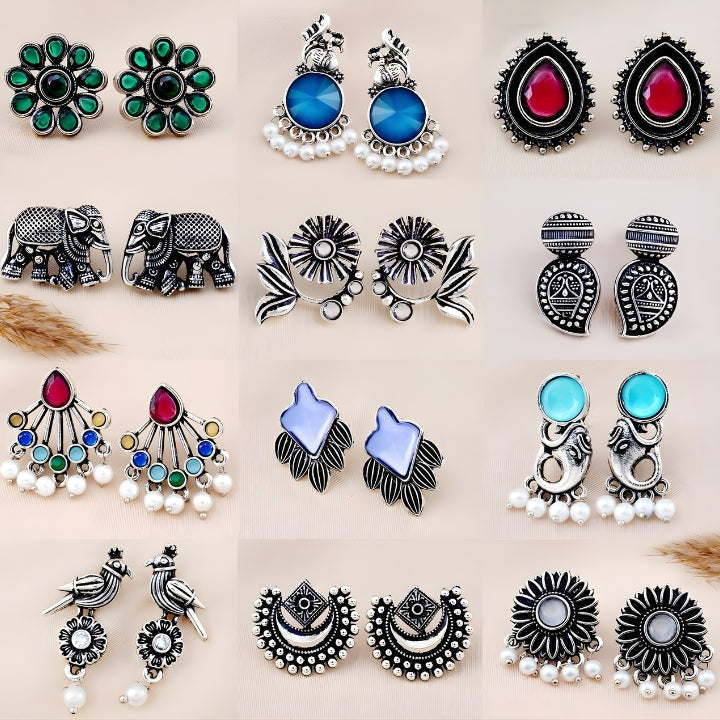 Set Of 12 Oxidized Designer Stud Earrings With Folding Jewelry Box