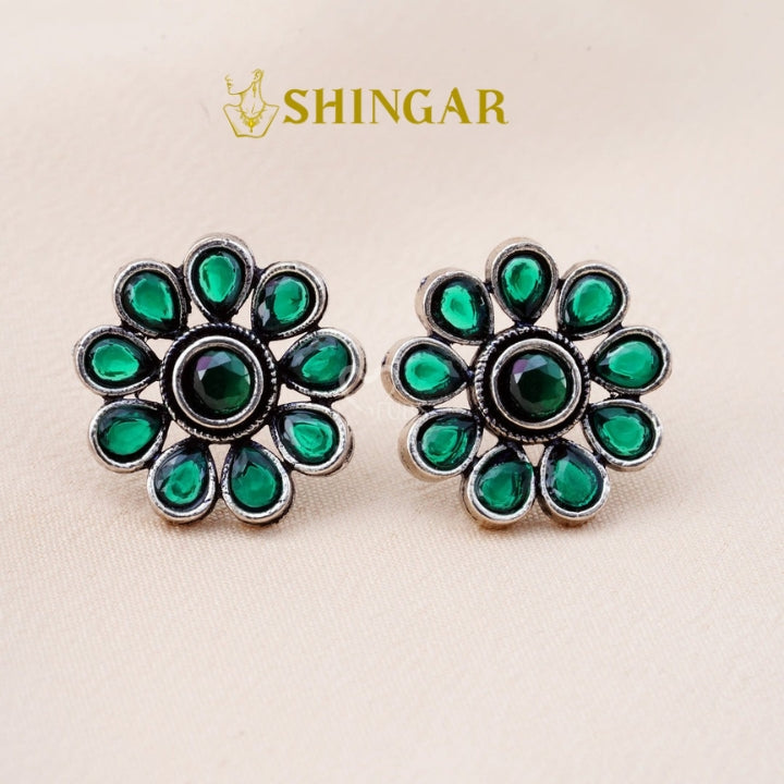 Set Of 12 Oxidized Designer Stud Earrings With Folding Jewelry Box