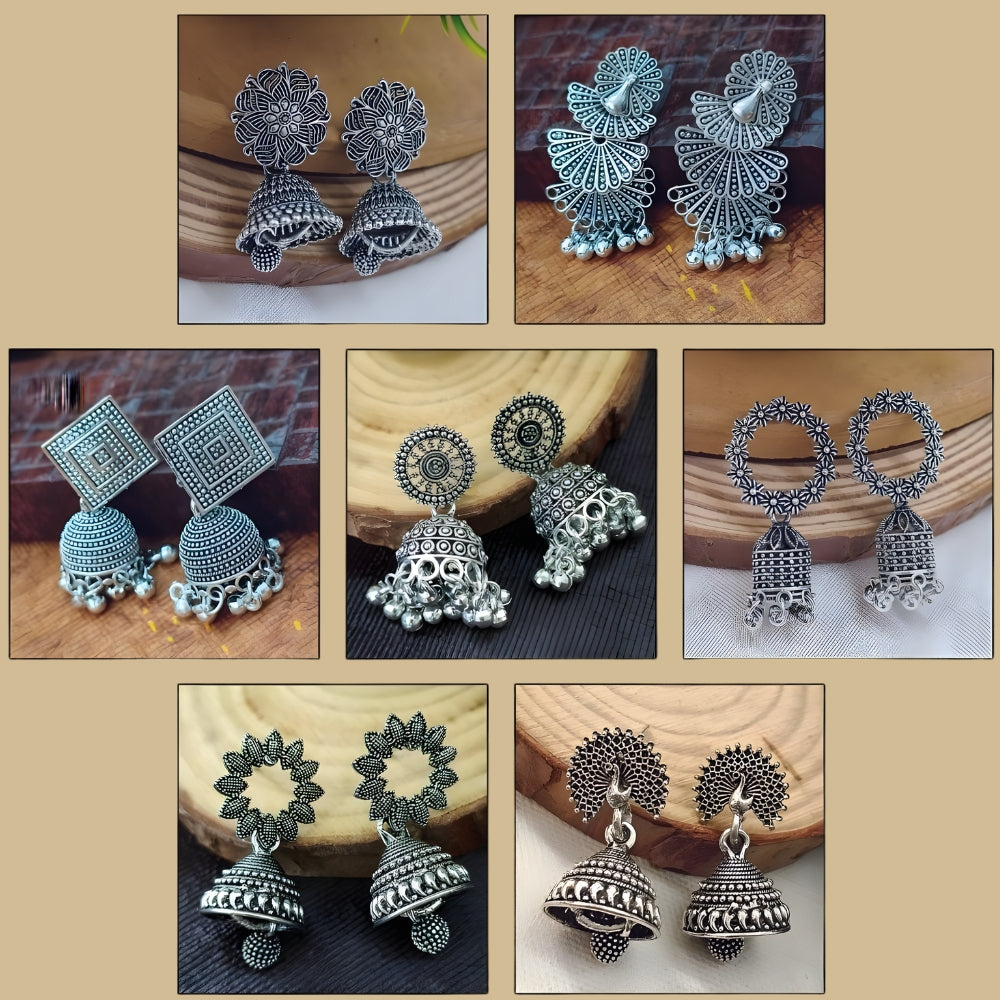 Set Of 7 Oxidised Jhumki Earrings Combo,s