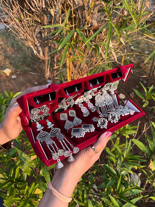 16 OXIDISED SILVER JHUMKA + RED BOX